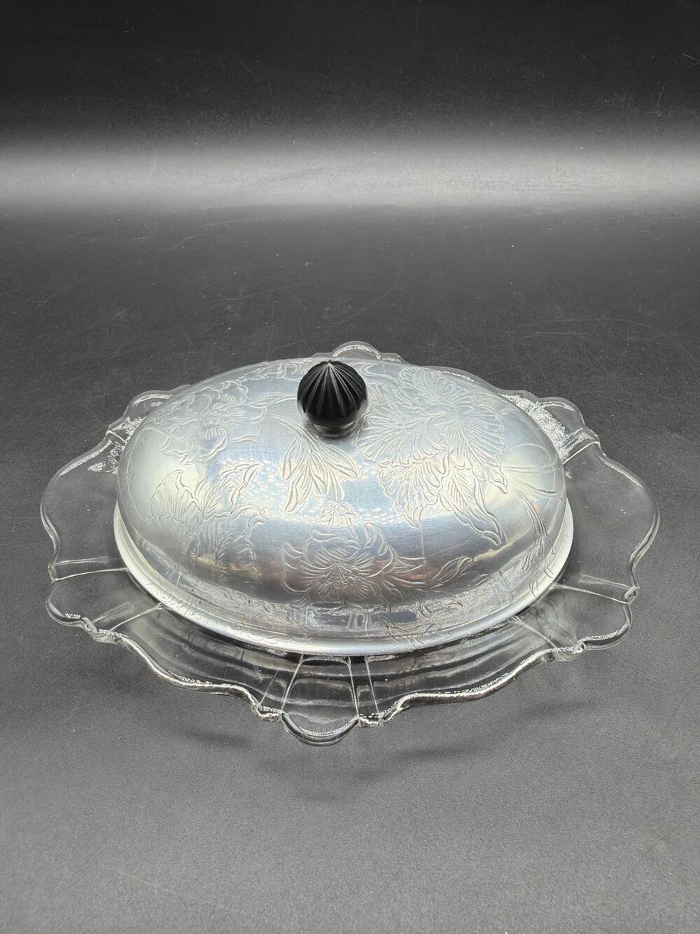 Vintage Clear Glass Butter Dish Embossed Aluminum Hibiscus Floral lid Bakelite